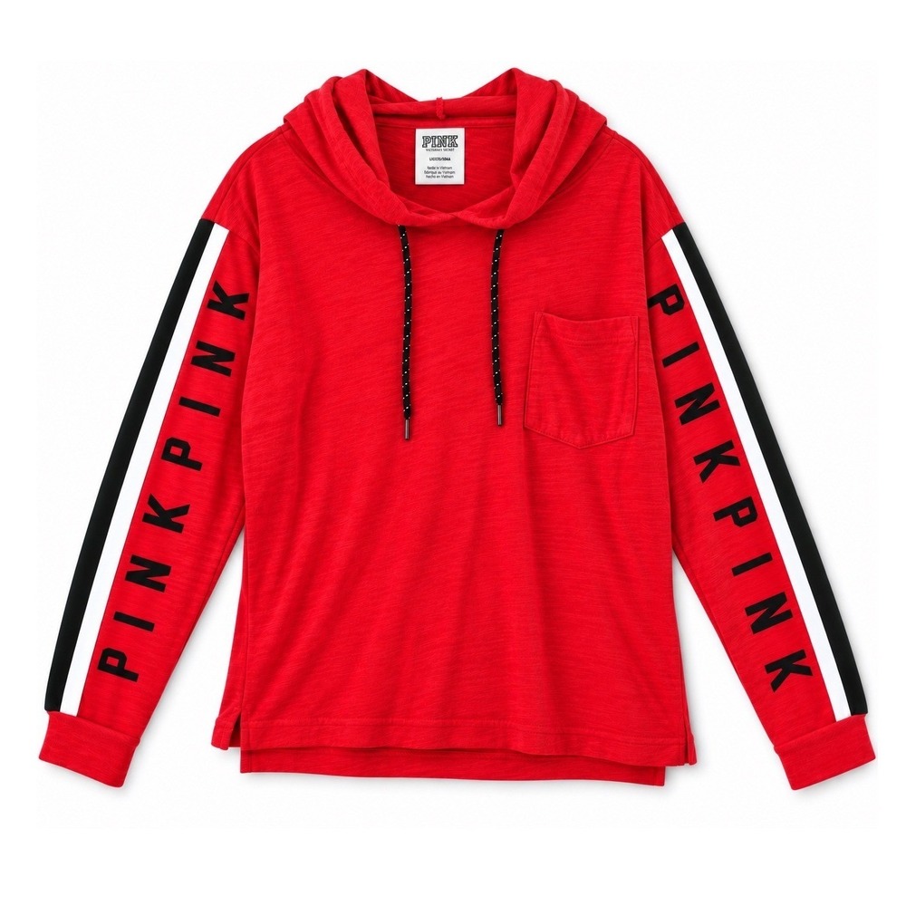 Victoria's Secret PINK Red Striped Sleeve Logo Hoodie Y2K Sporty Slub Knit L